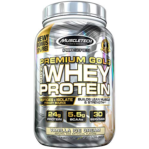 MuscleTech Premium Gold 100% Whey Protein Powder, Ultra Fast Absorbing Whey Peptides & Whey Protein Isolate, Vanilla Ice Cream, 30 Servings (2.23lbs)