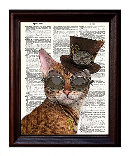 Fresh Prints of CT Dictionary Art Print - Steampunk Clockwork Kitty Cat - Printed on Recycled Vintage Dictionary Paper - 8"x11" - Mixed Media Poster on Vintage Dictionary Page