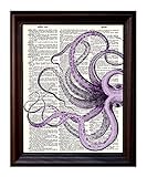 Fresh Prints of CT Dictionary Art Print - Sea Monster/Giant Squid Purple Tentacles - Printed on Recycled Vintage Dictionary Paper - 8.5"x11" - Mixed Media Poster on Vintage Dictionary Page