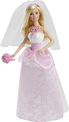 Book Cover Barbie Bride Doll in Fairytale-Inspired White and Pink Wedding Dress with Ring, Veil and Bouquet, Blonde Hair