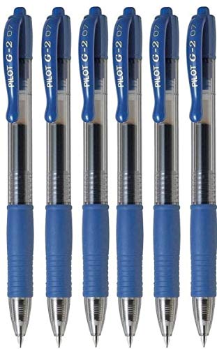 Pilot G2 07 Blue Fine Retractable Gel Ink Pen Rollerball 0.7mm Nib Tip 0.39mm Line Width Refillable BL-G2-7 (Pack Of 6)