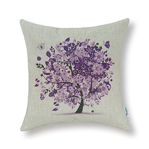 Book Cover CaliTime Canvas Throw Pillow Cover Case for Couch Sofa Home Decoration Butterflies Floral Leaves Tree 18 X 18 Inches Purple