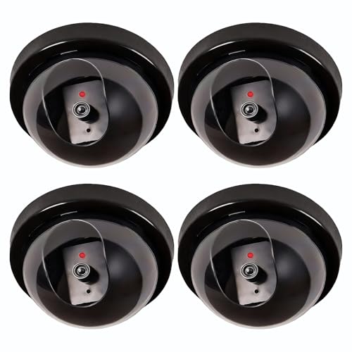 WALI Dummy Fake Security CCTV Dome Camera with Flashing Red LED Light with Security Alert Sticker Decals (SD-4), 4 Packs, Black