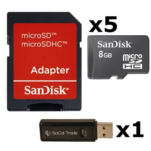 5 PACK - SanDisk 8GB MicroSD HC Memory Card SDSDQAB-008G (Bulk Packaging) LOT OF 5 with SD Adapter and USB 2.0