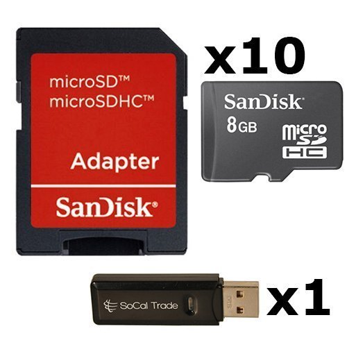 SanDisk 10 PACK 8GB MicroSD HC Memory Card SDSDQAB-008G (Bulk Packaging) LOT OF 10 with SD Adapter and USB 2.0 MicoSD