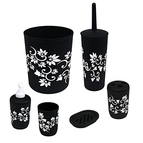 Book Cover Blue Donuts Bathroom Accessories Set Complete, Toilet Brush and Holder, Trash Can, Toothbrush Holder, Black, 6 Pieces