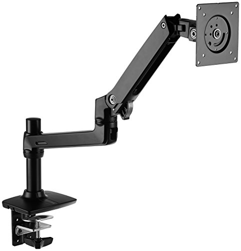 Book Cover AmazonBasics Single Monitor Stand with Height Adjustable Arm Mount, 360-degree rotation, Adjustable Screen Tilt and Cable Organizer (Steel)