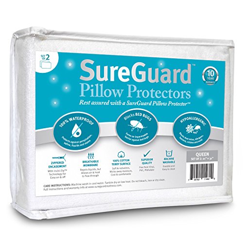 Book Cover Set of 2 Queen Size SureGuard Pillow Protectors - 100% Waterproof, Bed Bug Proof, Hypoallergenic - Premium Zippered Cotton Terry Covers