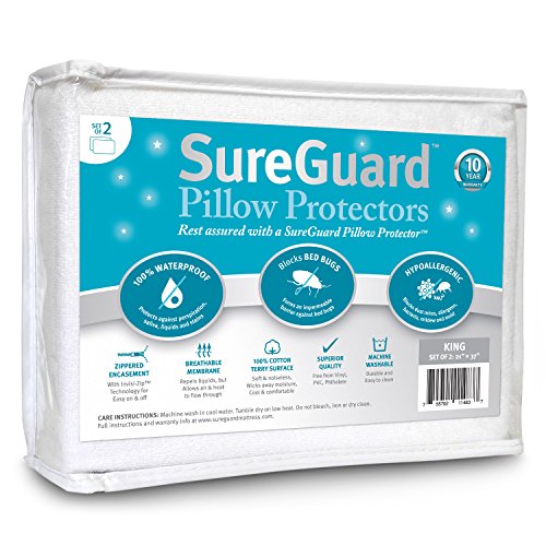 Book Cover Set of 2 King Size SureGuard Pillow Protectors - 100% Waterproof, Bed Bug Proof, Hypoallergenic - Premium Zippered Cotton Terry Covers