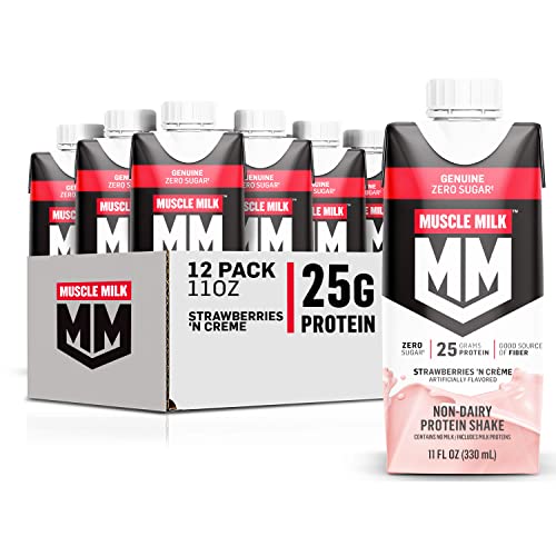 Muscle Milk Genuine Protein Shake, Strawberries 'n CrÃ¨me, 11 Fl Oz Carton, 12 Pack, 25g Protein, Zero Sugar, Calcium, Vitamins A, C & D, 5g Fiber, Energizing Snack, Workout Recovery, Packaging May Vary