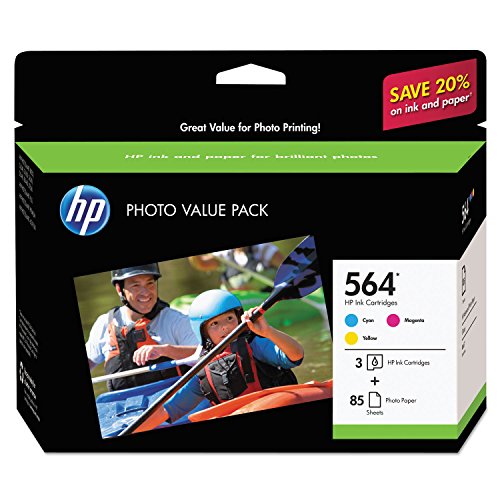 HP 564 | 3 Ink Cartridges with Assorted Photo Paper | Cyan, Magenta, Yellow | Works with HP DeskJet 3500 Series, HP OfficeJet 4600 5500 C6300 6500 7500 Series, B8550, D7560, C510, B209, B210, C309, C310, C410, C510 | CB318WN, CB319WN, CB320WN