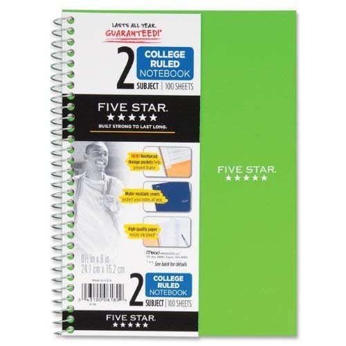 Mead Five Star Spiral Notebook, 2 Subject, 6 x 9.5, 100 Sheets, 3 Pack, Assorted Colors (6180) by Mead