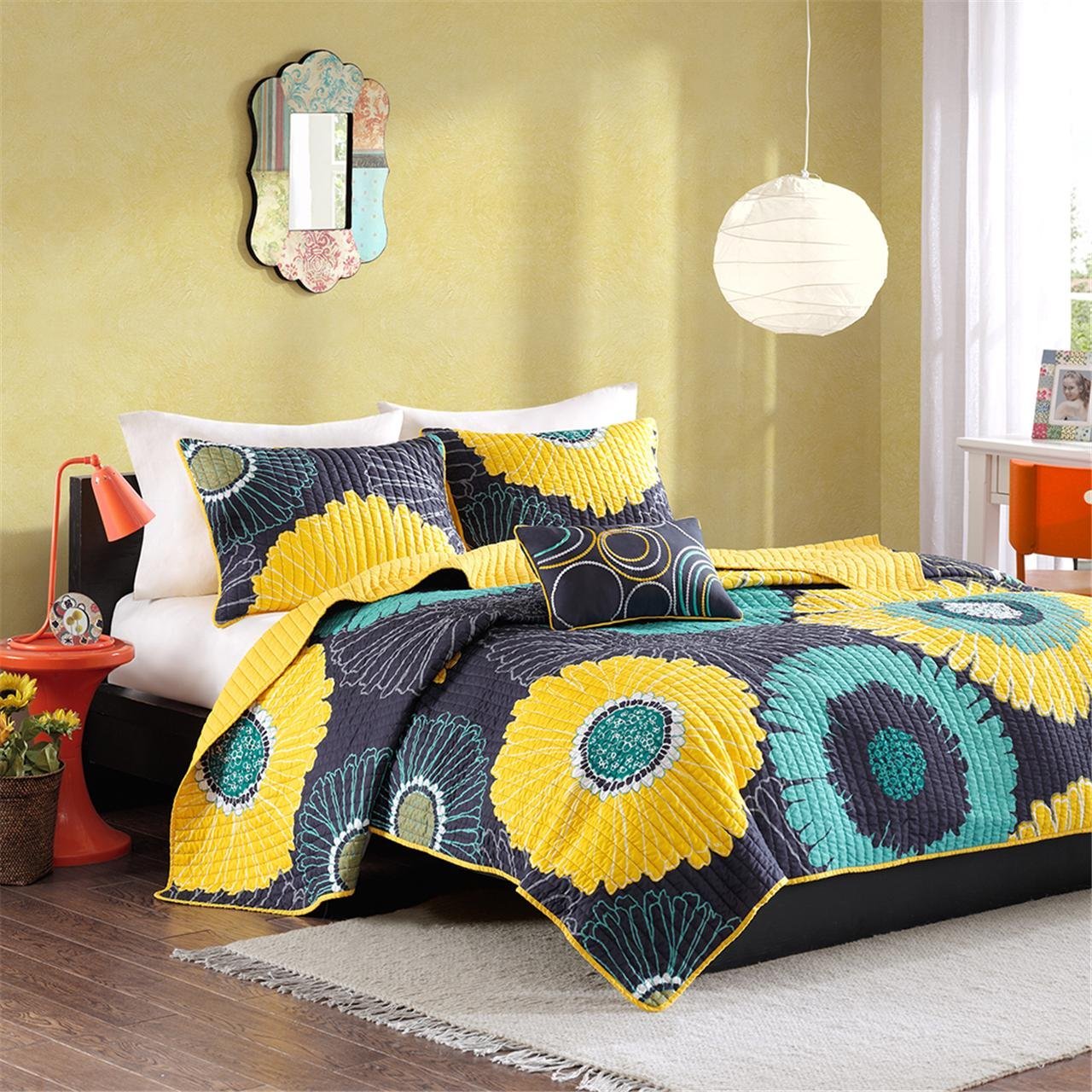Book Cover MI ZONE Cozy Quilt Set, Casual Modern Vibrant Color Design All Season Teen Bedding, Coverlet Bedspread, Decorative Pillow, Girls Bedroom Décor, Full/Queen, Alice Yellow Flower 4 Piece Alice Yellow Full/Queen