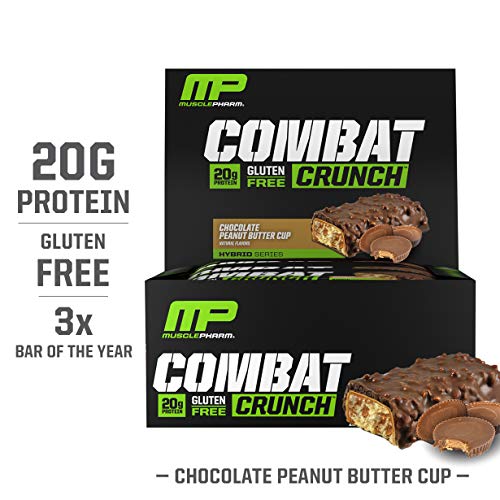 MusclePharm Combat Crunch Protein Bar, Multi-Layered Baked Bar, Gluten-Free Bars, 20 g Protein, Low-Sugar, Low-Carb, Gluten-Free, Chocolate Peanut Butter Cup Bars, 12 Servings