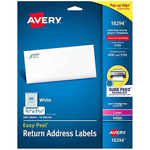 Avery Printable Return Address Labels with Sure Feed Technology, 2/3" x 1-3/4", White, Laser & Inkjet Compatible, 600 Blank Labels Total, Great for Mailing, Branding, and More (18294)