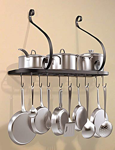 VDOMUS Square Grid Wall Mount Pot Rack, Bookshelf Rack with 10 Hooks, Kitchen Cookware, 24 by 10-inch, Black