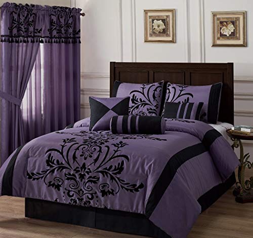 Book Cover Chezmoi Collection Nobility 7-Piece Violet/Black Flocked Floral Comforter Set, King