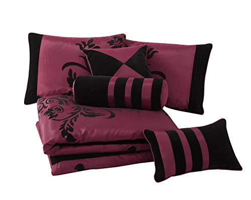 Book Cover Chezmoi Collection 7-Piece Black Violet Flocked Floral Faux Silk Bedding Comforter Set (California King)