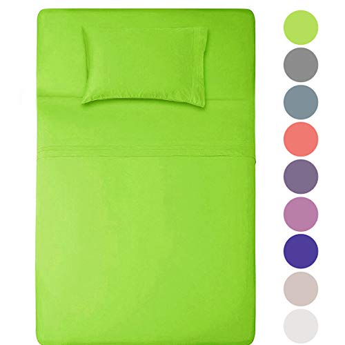 Book Cover Honeymoon 1800 Brushed Microfiber Embroidered Bed Sheet Set, Ultra Soft, Twin - Lime Green