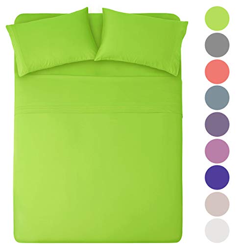 Book Cover Honeymoon 1800 Brushed Microfiber Embroidered Bed Sheet Set, Ultra Soft, Queen - Lime Green