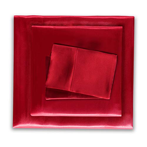 Book Cover Honeymoon Luxury Satin Bed Sheet Set, Ultra Silky Soft, King - Red