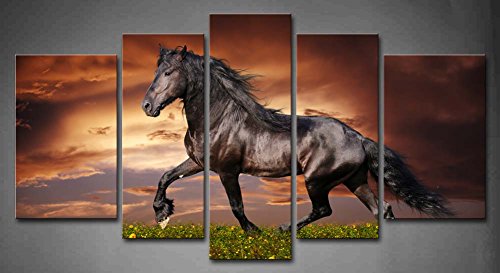 Book Cover 5 Panel Wall Art Black Friesian Running Horse Trot On The Field On Sunset Grass And Flower Painting Pictures Print On Canvas Animal The Picture For Home Modern Decoration piece (A)