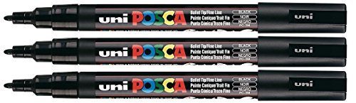Uni-Posca-PC- 3 m-Couleur :  noir-Marqueur à pointe ogive 1,5 mm écrit sur toutes les surfaces en plastique, en verre et en métal (lot de 3)