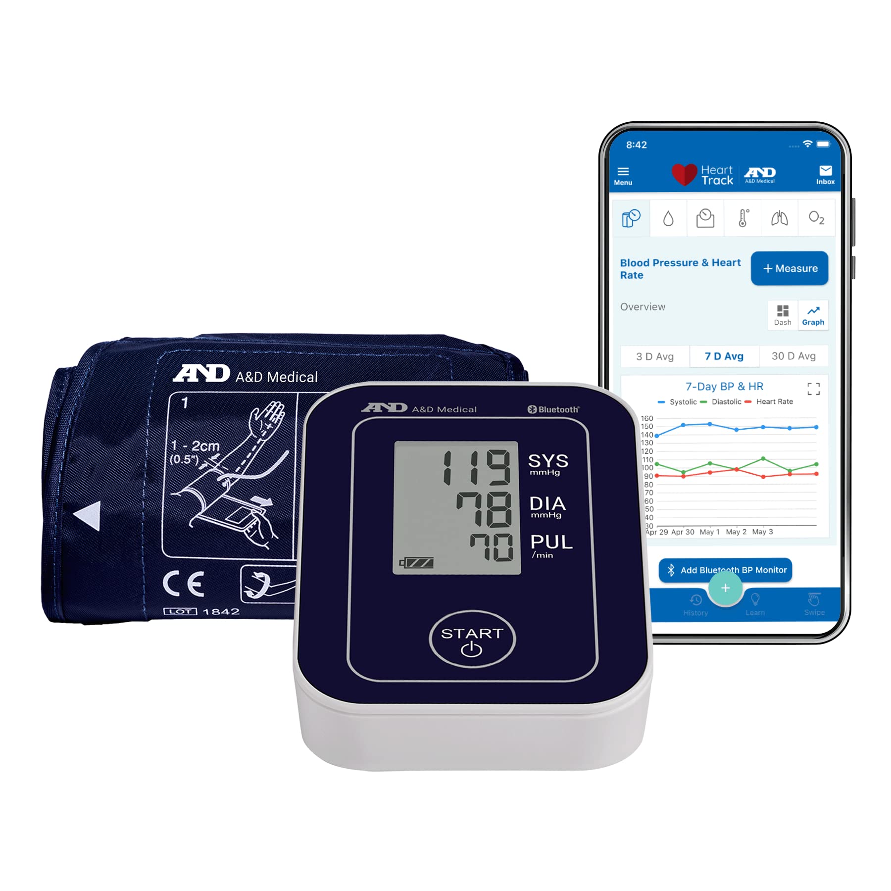 A&D Medical Essential Wireless Blood Pressure Machine with Bluetooth, Upper Arm Cuff (8.6-16.5"/22-42 cm Range) Home BP Monitor, One Click Operation, Connects with A&D HeartTrack App