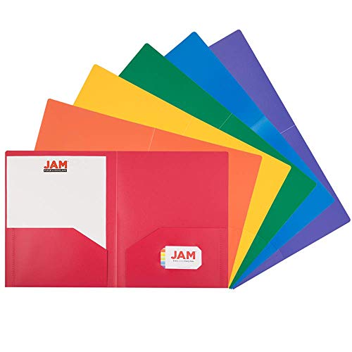 Book Cover JAM PAPER Heavy Duty Plastic 2 Pocket Extra Tough School Folders - Assorted Primary Colors - 6/Pack