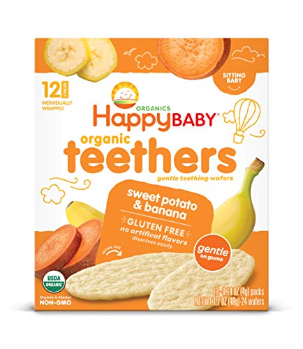 Happy Baby Gentle Teethers Organic Teething Wafers Banana Sweet Potato, 12 Count Box (Pack of 6) Soothing Rice Cookies for Teething Babies Dissolves Easily, Gluten-Free (Packaging May Vary)