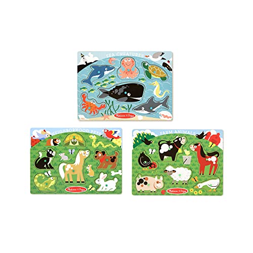 Book Cover Melissa & Doug Animals Wooden Peg Puzzles Set - Farm, Pets, and Ocean - Animal Puzzles, Peg Puzzles For Toddlers Ages 2+