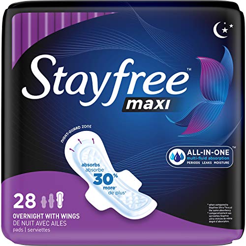 Book Cover Stayfree Maxi Overnight Pads with Wings For Women, Reliable Protection and Absorbency of Feminine Periods, 28 Count