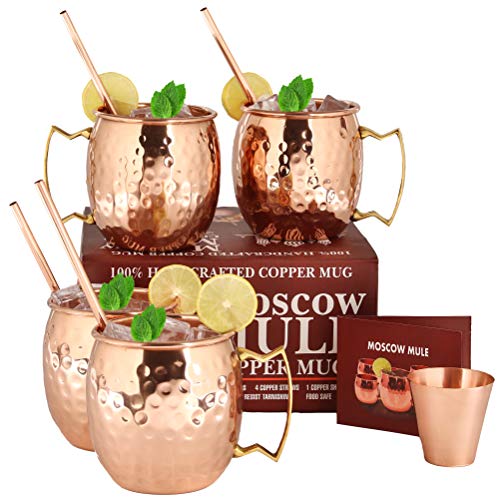 Book Cover Moscow Mule Copper Mugs - Set of 4-100% HANDCRAFTED Food Safe Pure Solid Copper Mugs - 16 oz Gift Set with BONUS: Highest Quality 4 Cocktail Copper Straws and 1 Shot Glass with Recipe Booklet!