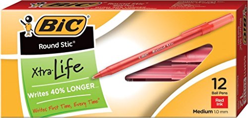 Book Cover BIC Round Stic Xtra Life Ball Pen, Medium Point (1.0 mm), Red, 24-Count