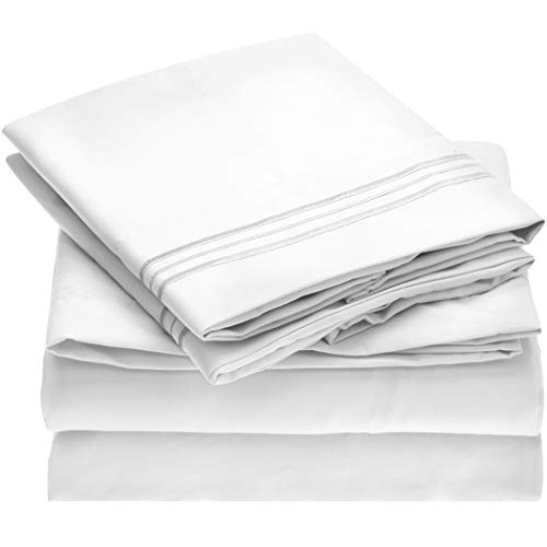 Book Cover Mellanni Queen Sheet Set - Hotel Luxury 1800 Bedding Sheets & Pillowcases - Extra Soft Cooling Bed Sheets - Deep Pocket up to 16 inch Mattress - Wrinkle, Fade, Stain Resistant - 4 Piece (Queen, White)