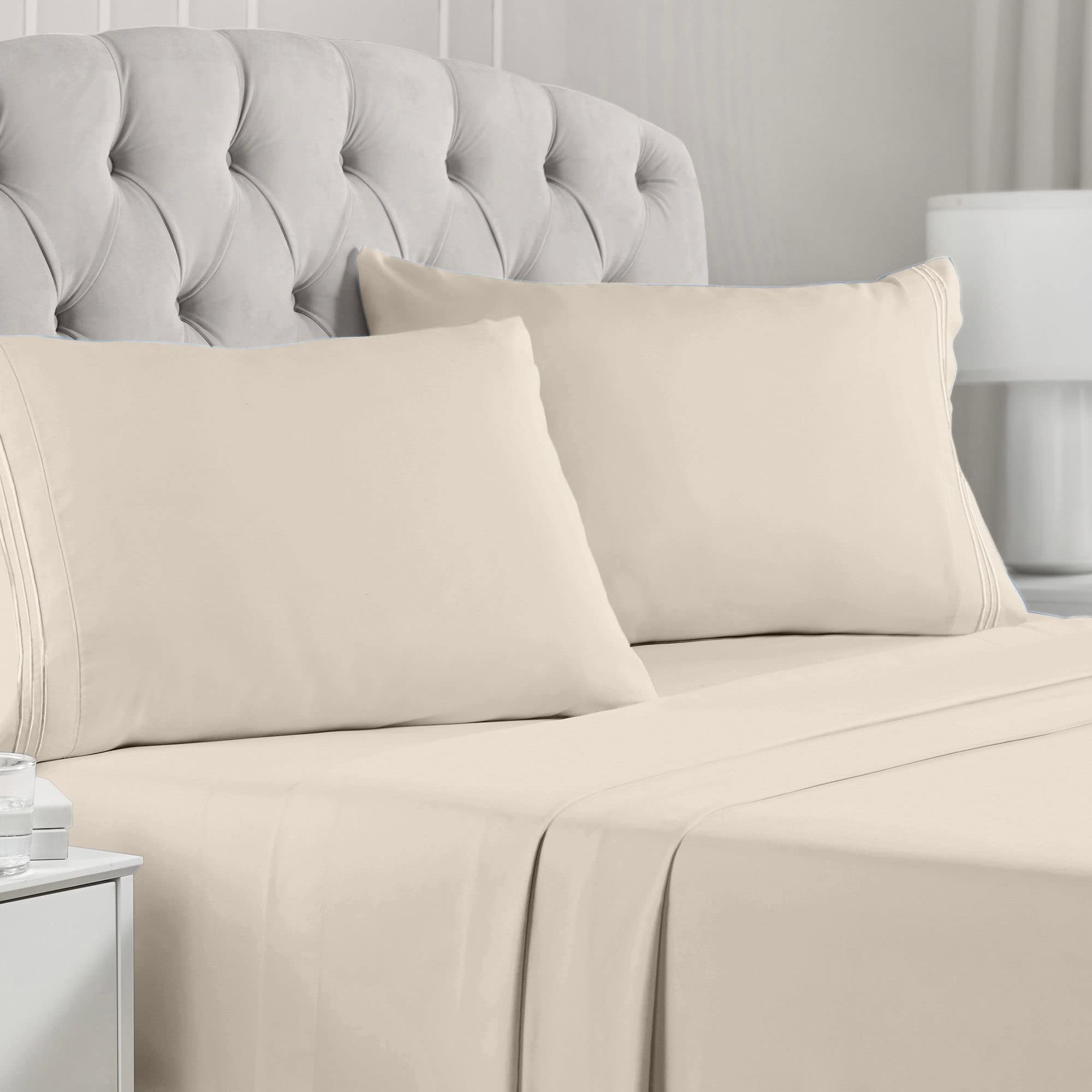 Mellanni Queen Bed Sheets - Hotel Luxury 1800 Bedding Sheets & Pillowcases - Extra Soft Cooling Bed Sheets - Deep Pocket up to 16" - Easy care - Wrinkle, Fade, Stain Resistant - 4 Piece (Queen, Beige)