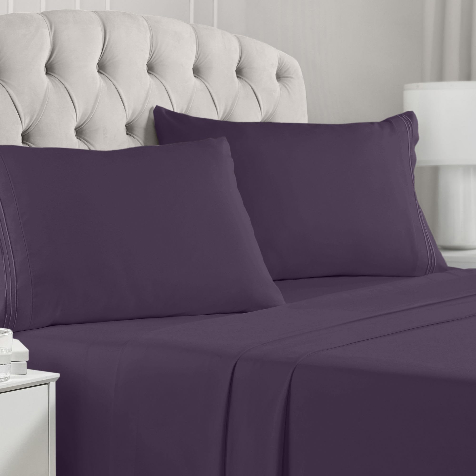 Book Cover Mellanni Bed Sheet Set - 1800 Bedding - Wrinkle, Fade, Stain Resistant - 4 Piece (Queen, Purple)