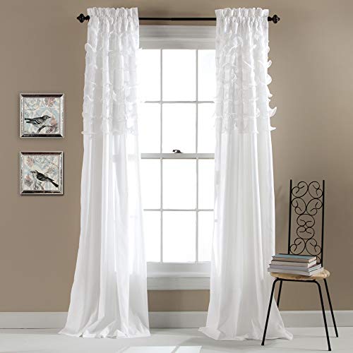 Lush Decor Avery Curtains Ruffled Shabby Chic Style Window Panel Set for Living, Dining Room, Bedroom (Pair), 84 by 54-Inch, White