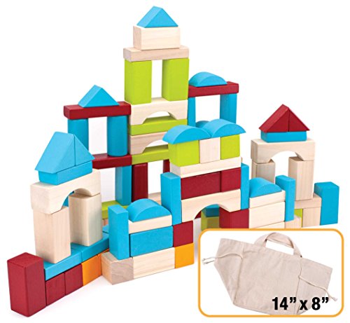 Imagination Generation 100 Piece Natural Wooden Building Block Set with Carrying Bag - Children's Deluxe Stacking Toy Set