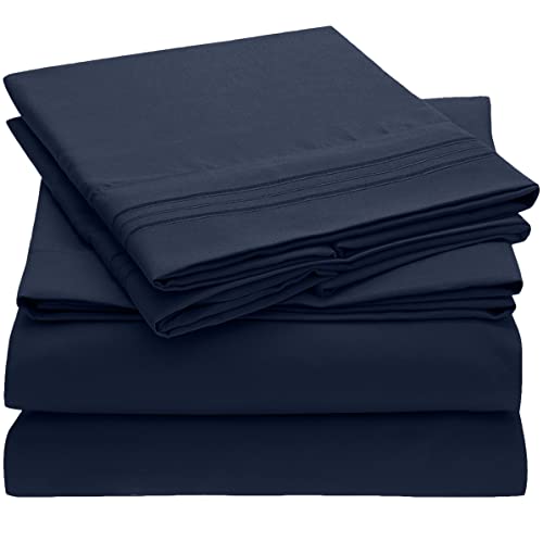 Book Cover Mellanni Bed Sheet Set King Size - Hotel Luxury 1800 Bedding Sheets & Pillowcases - Extra Soft Cooling Bed Sheets - Deep Pocket up to 16 inch Mattress - Easy Care - 4 Piece (King, Royal Blue)