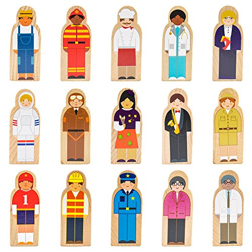 Book Cover Little Professionals Wooden Character Set - Cute Wood Block People Toys for Kids & Toddlers - Open Ended STEM Pretend Play & Educational Games for Children, Boys & Girls (15-Pieces)