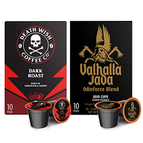 Death Wish Coffee Pods - Extra Kick of Caffeine & Valhalla Java Odinforce Blend Single-Serve Coffee Pods - Made with USDA Certified Organic - Fair Trade - Arabica & Robusta Beans (20 Count)