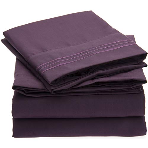 Book Cover Mellanni Twin Sheet Set - Twin Sheets for Girls - Hotel Luxury 1800 Bedding Sheets & Pillowcases - Extra Soft Cooling Bed Sheets - Wrinkle, Fade, Stain Resistant - 3 Piece (Twin, Purple)