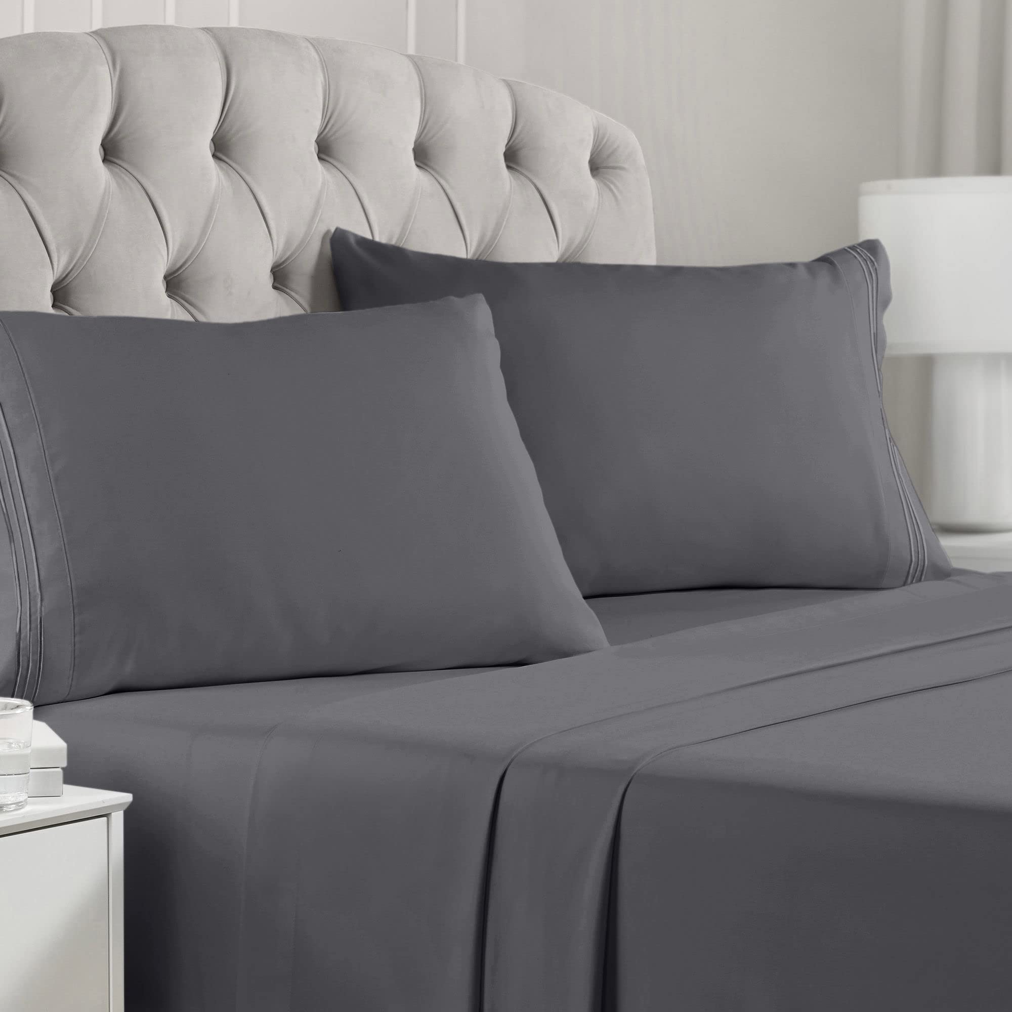 Book Cover Mellanni California King Sheets - Hotel Luxury 1800 Bedding Sheets & Pillowcases - Extra Soft Cooling Bed Sheets - Deep Pocket up to 16 inch - Wrinkle, Fade, Stain Resistant - 4 Piece (Cal King, Gray)