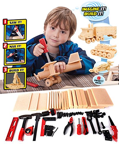 Book Cover Liberty Imports DIY Deluxe Foam Wood Kids STEM Toys Carpentry Construction Engineering Tool Workshop Kit with 6 Project Ideas (90 Piece Set)