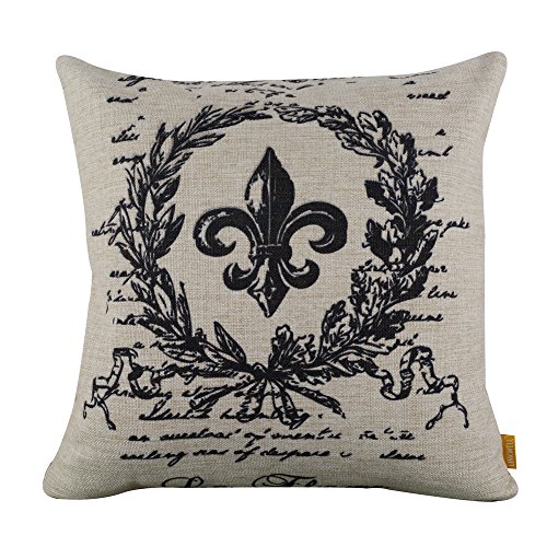 LINKWELL 18"x18" Black Word Fleur De Lis Burlap Cushion Covers Pillow Case
