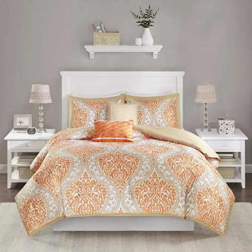 Intelligent Design Senna Comforter Set King/Cal King Size - Orange/Taupe, Damask â€“ 5 Piece Bed Sets â€“ Ultra Soft - All Season Comforter Set Bedding