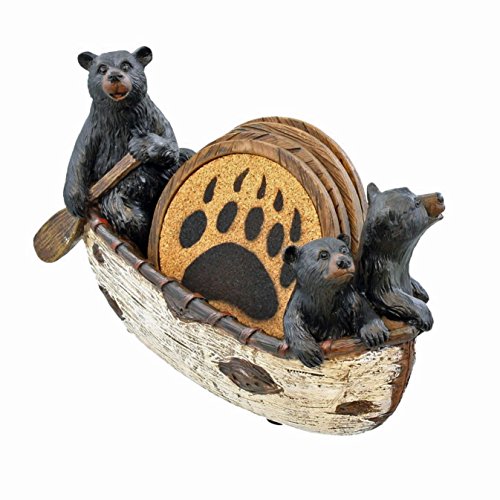 LL Home 3 Black Bears Canoeing Coaster Set - 4 Coasters Rustic Cabin Canoe Cub Decor (Multicolor) (Multicolor)