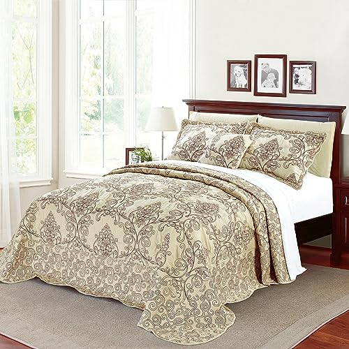 Home Soft Things Damask 4 Piece Bedspread Set,Scalloped Edge Reversible Quilt Coverlet Comforter Prewashed Bedding Set, Matelasse Embossed Floral Solid Pattern, Beige Oversize King(120" x 120")