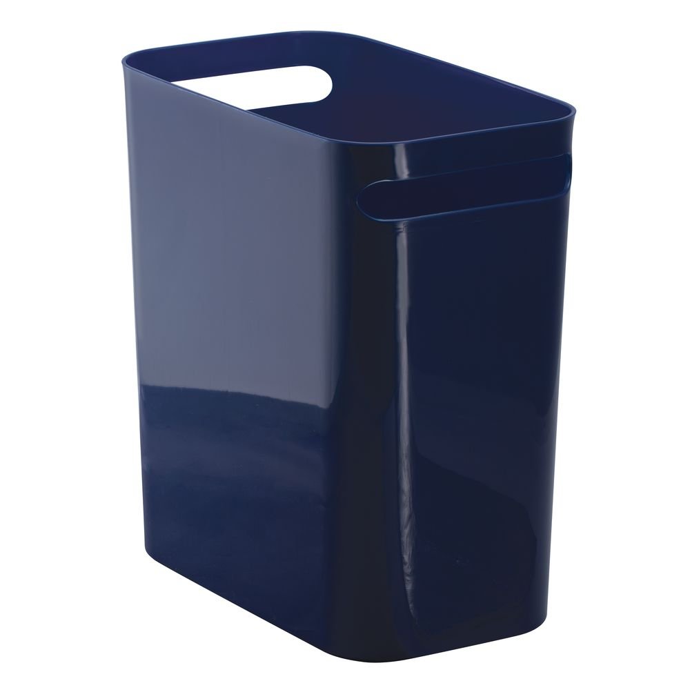 iDesign Una Rectangular Trash Can with Handles, Waste Basket Garbage Can for Bathroom, Bedroom, Home Office, Dorm, College, 12-Inch, Navy Blue